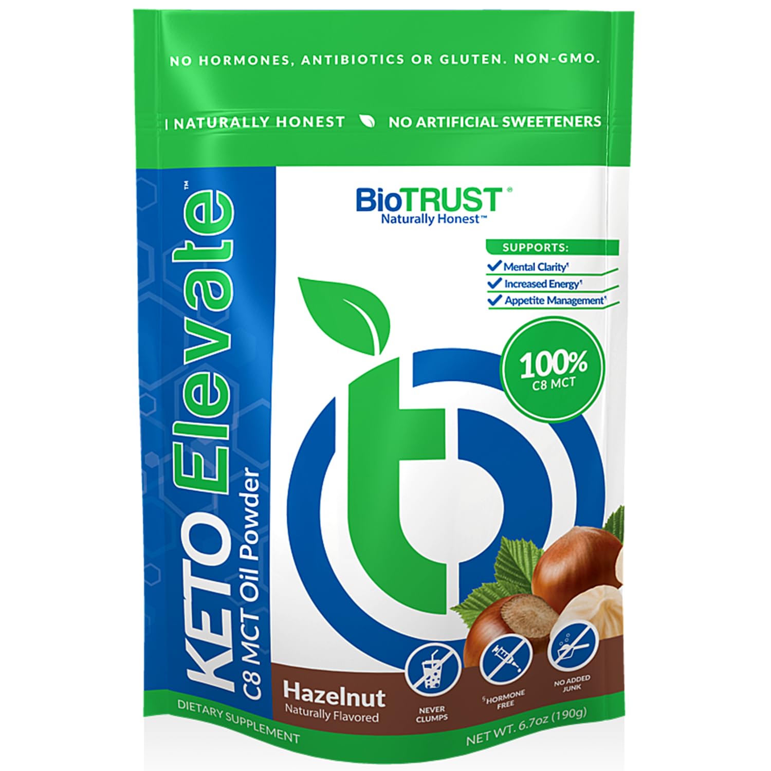 BioTrust Keto Elevate hazelnut tub front, ideal for keto coffee creamer.
