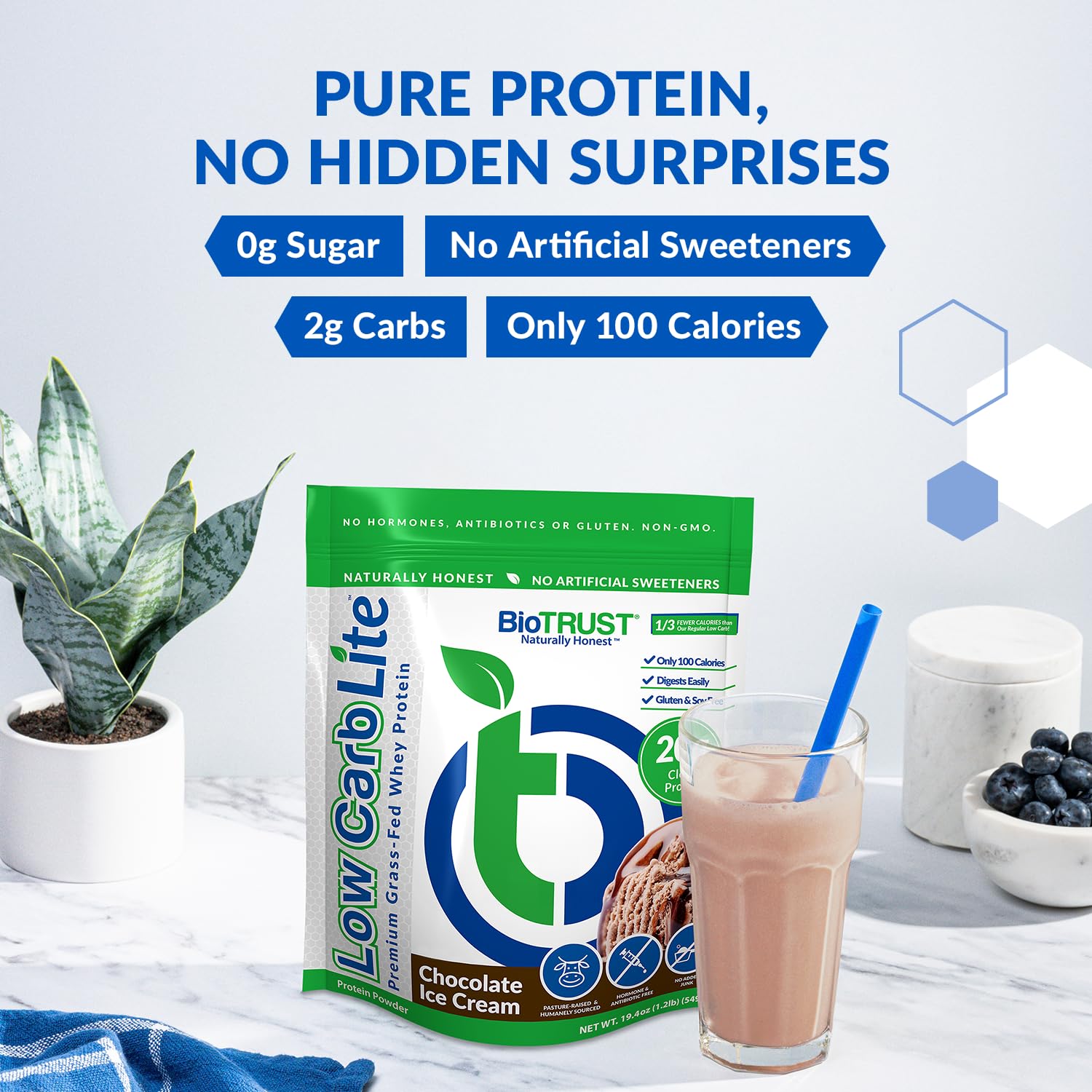 BioTrust Low Carb Lite powder being poured into a shaker for a low-carb meal replacement