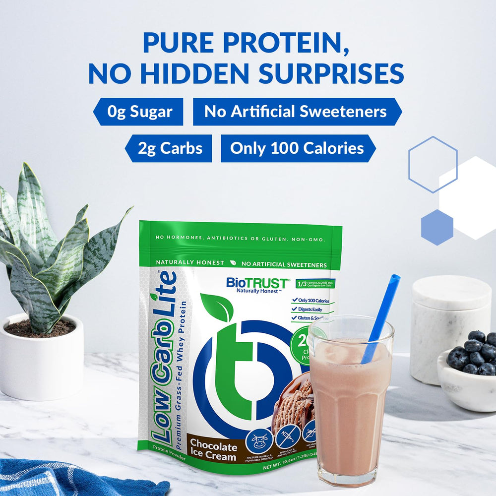 BioTrust Low Carb Lite powder being poured into a shaker for a low-carb meal replacement