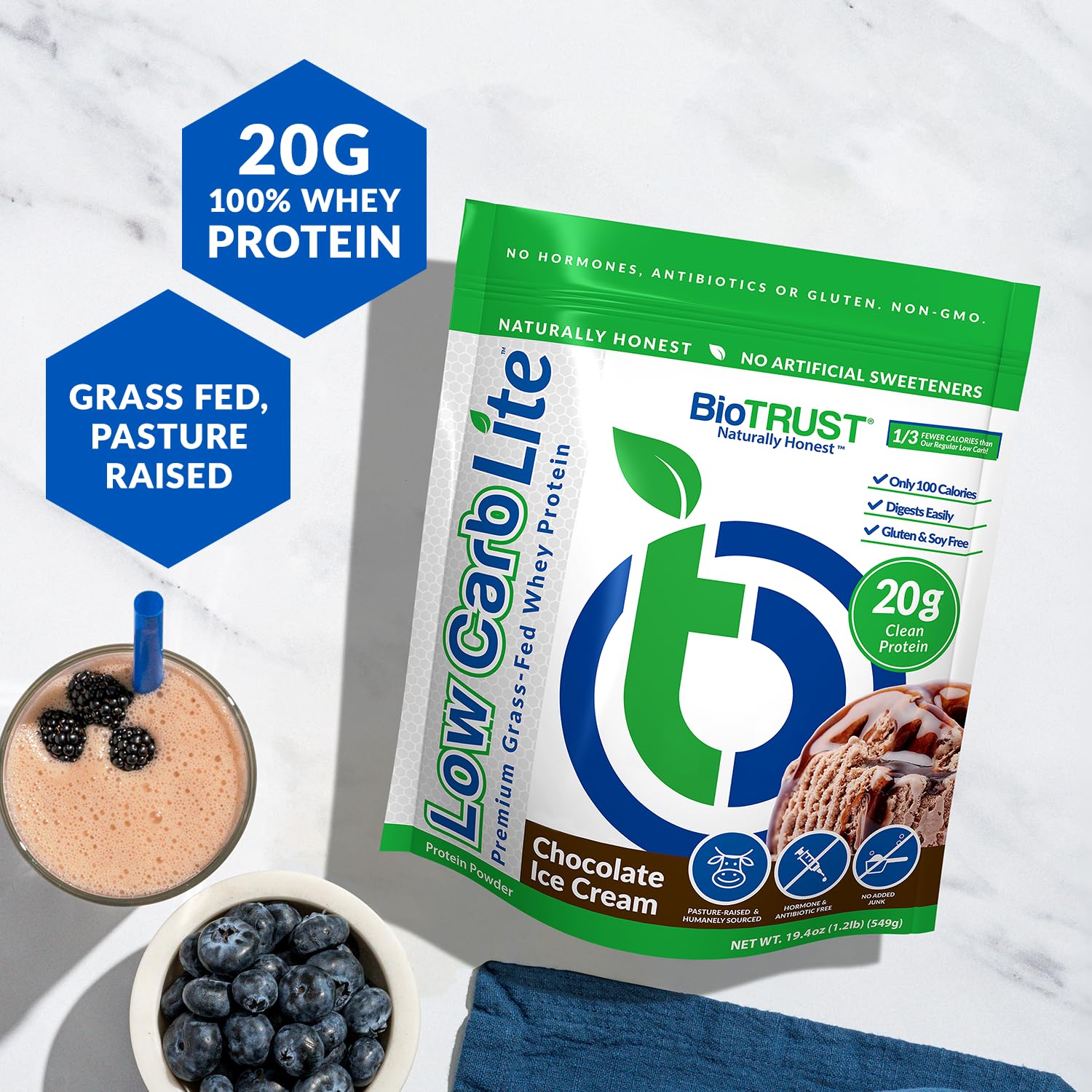 BioTrust Low Carb Lite protein scoop pouring into a shake for post-workout protein support