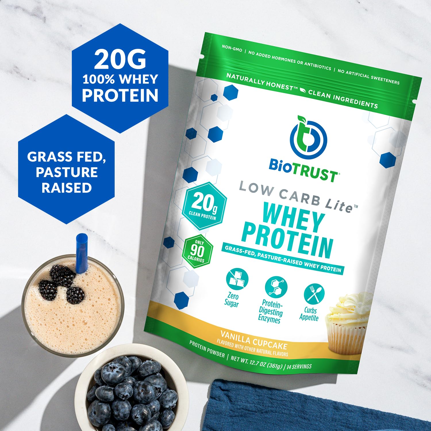 BioTrust Low Carb Lite whey protein powder highlighting grass-fed protein for daily energy.