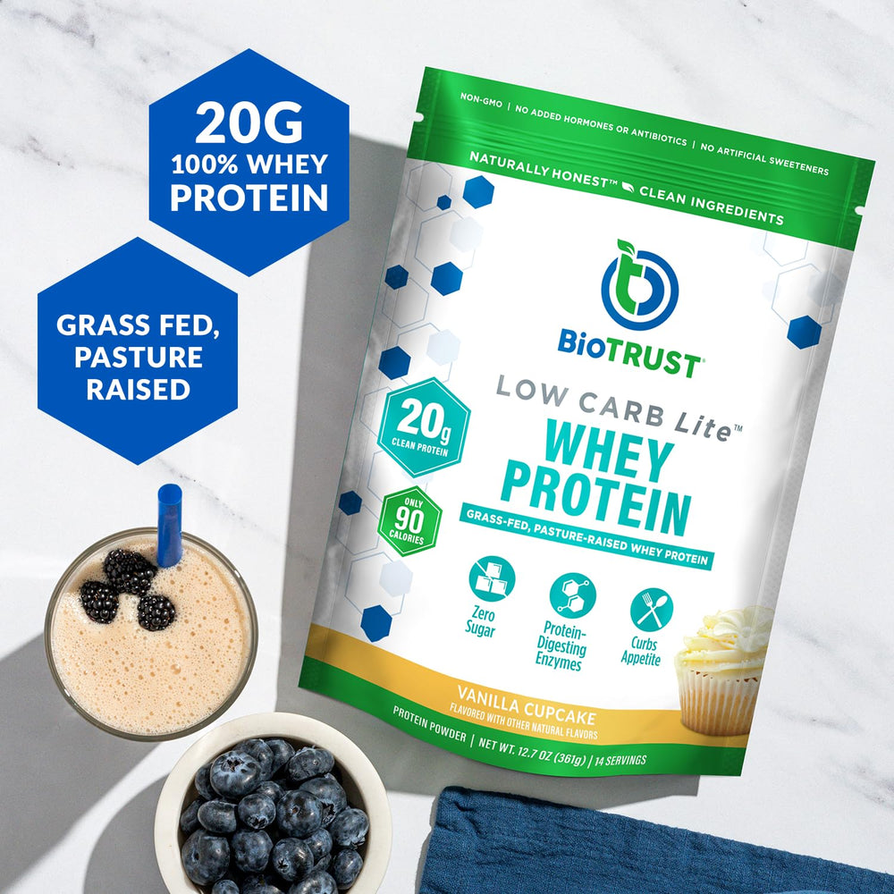 BioTrust Low Carb Lite whey protein powder highlighting grass-fed protein for daily energy.