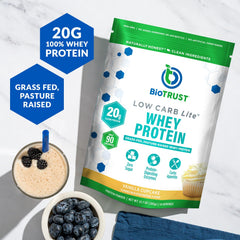BioTrust Low Carb Lite whey protein powder highlighting grass-fed protein for daily energy.
