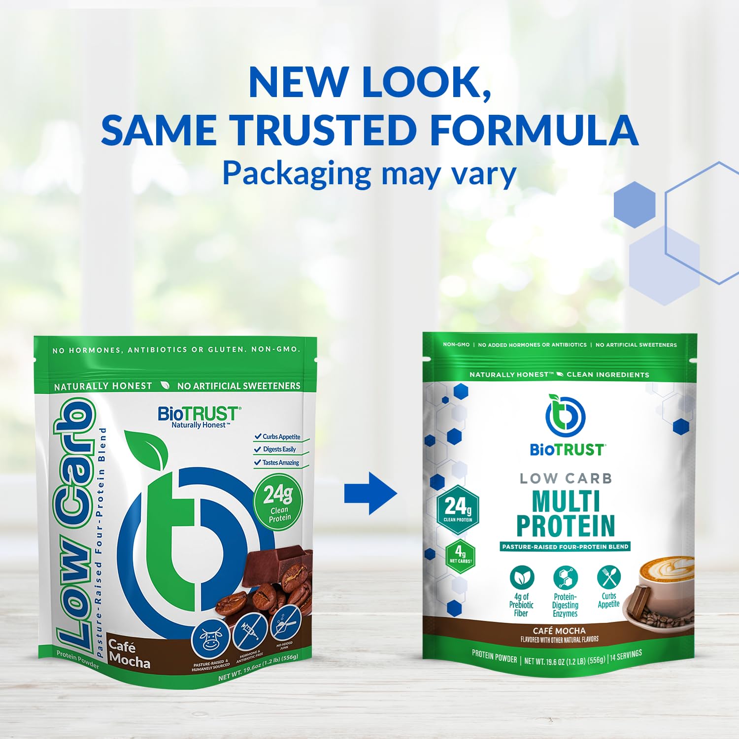 BioTrust Cafe Mocha powder scoop pouring into a glass for a creamy shake