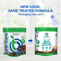 BioTrust Cafe Mocha powder scoop pouring into a glass for a creamy shake