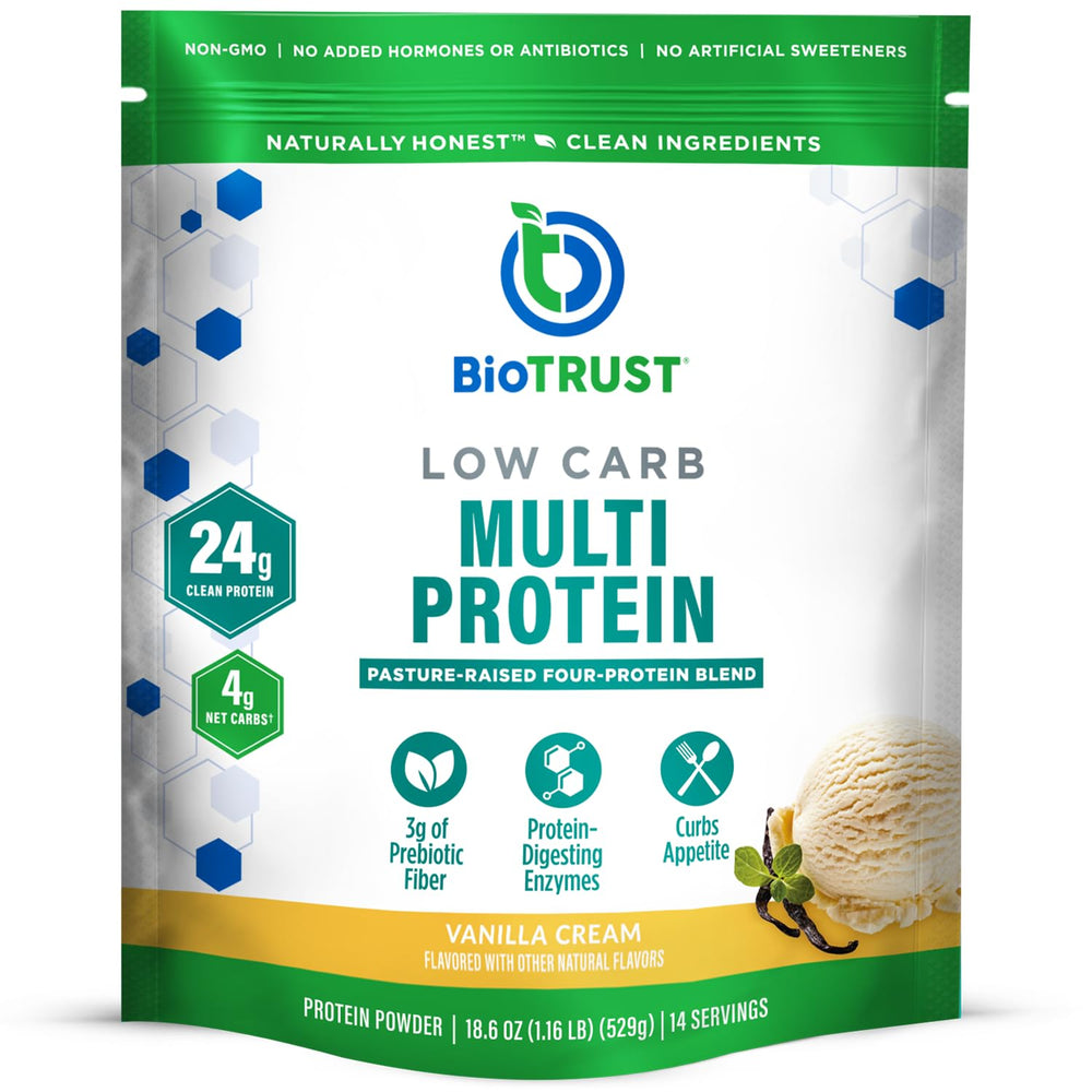 BioTrust Low Carb Protein Powder Vanilla bottle highlights grass-fed protein blend for daily use