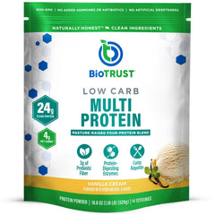 BioTrust Low Carb Protein Powder Vanilla bottle highlights grass-fed protein blend for daily use