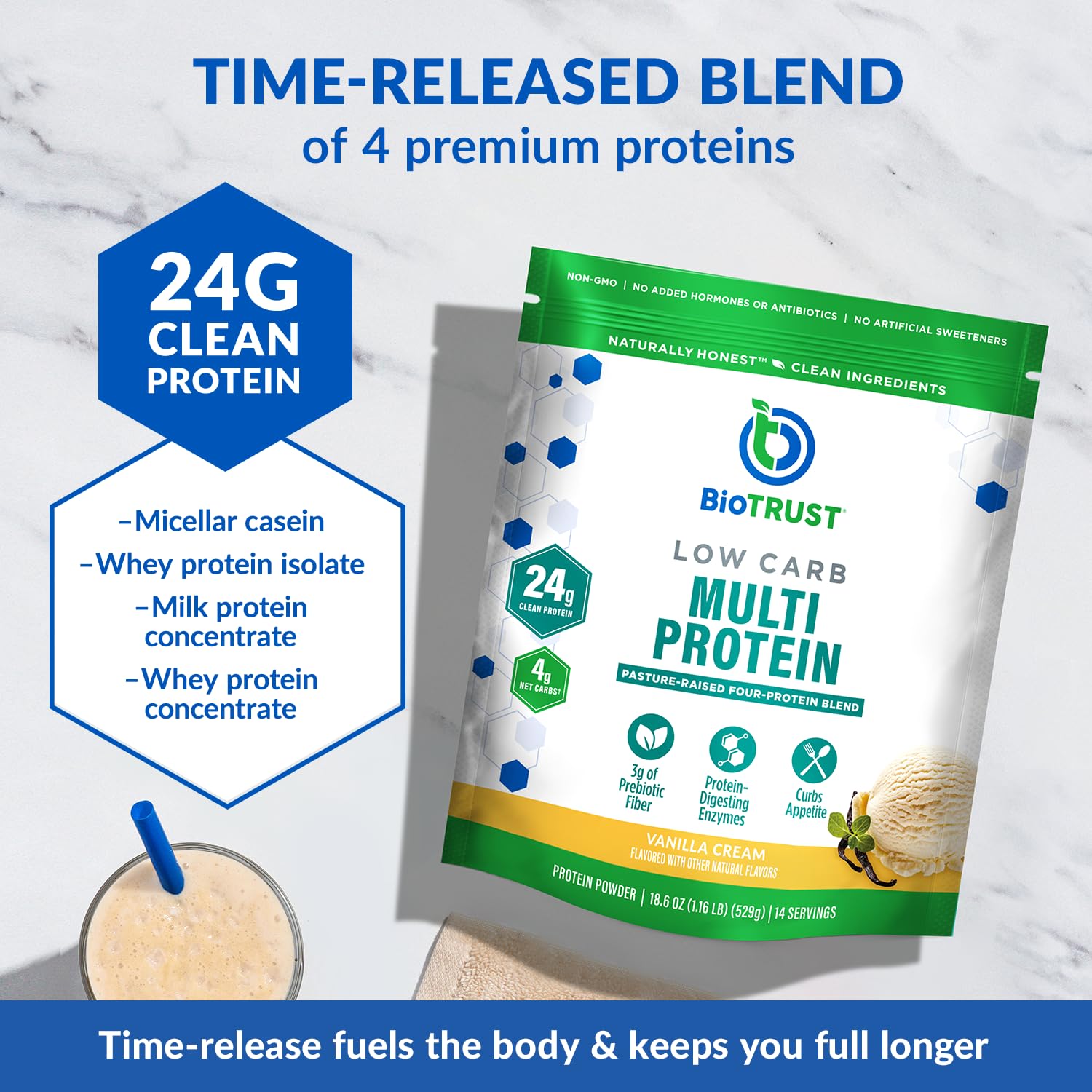BioTrust Low Carb Protein Powder Vanilla scoop demonstrates convenient serving for shakes