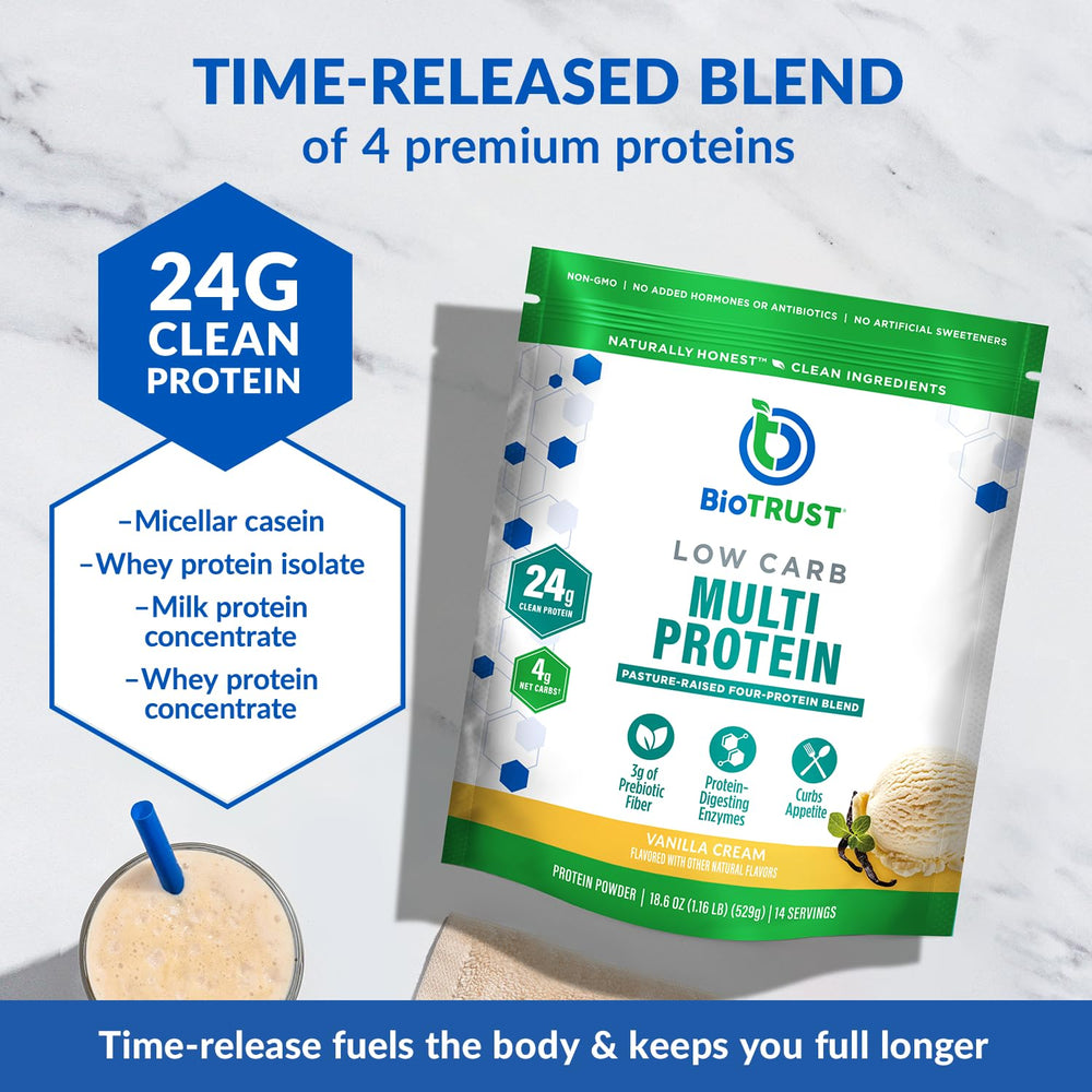 BioTrust Low Carb Protein Powder Vanilla scoop demonstrates convenient serving for shakes