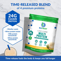 BioTrust Low Carb Protein Powder Vanilla scoop demonstrates convenient serving for shakes