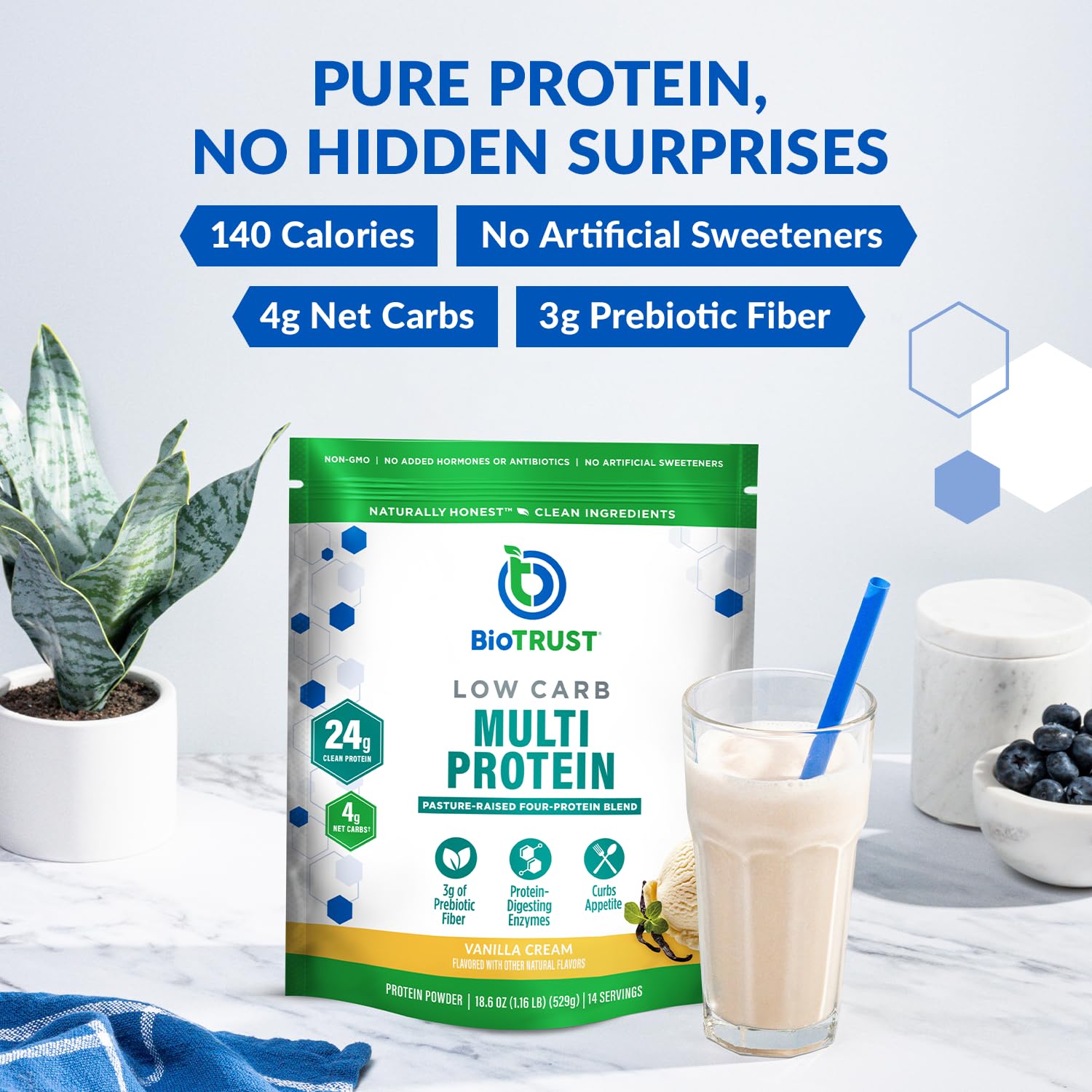 BioTrust Low Carb Protein Powder Vanilla shaker ready for mixed drink