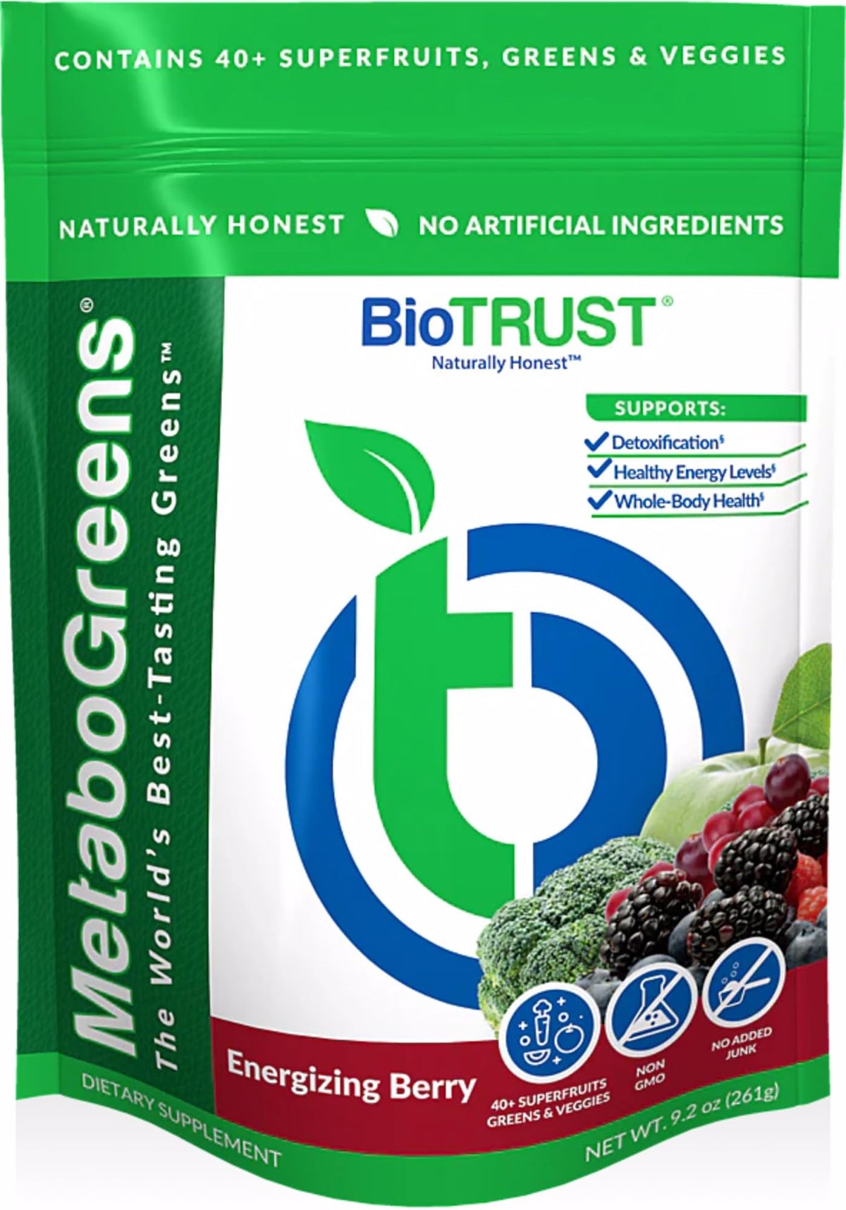 BioTrust Metabo Greens bottle-front with berry powder for daily energy
