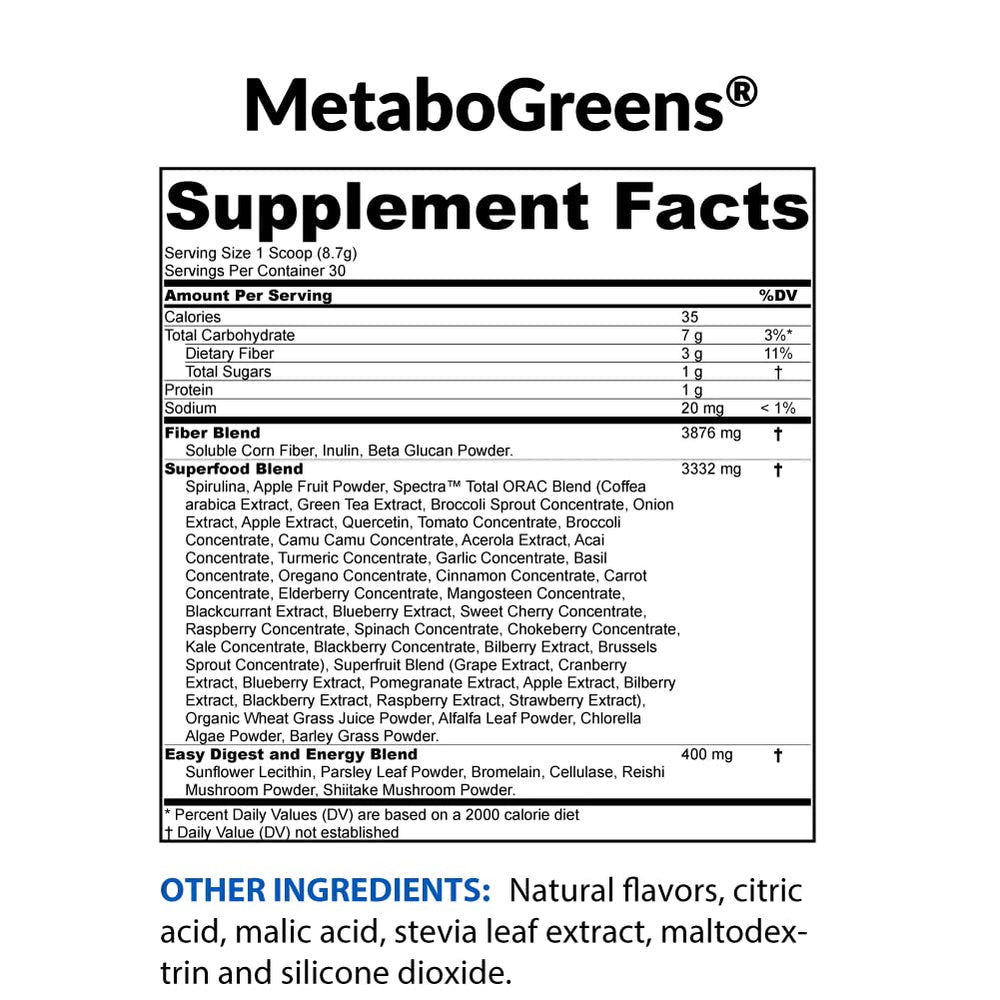 BioTrust Metabo Greens tub label shows non-GMO, gluten-free, dairy-free qualities