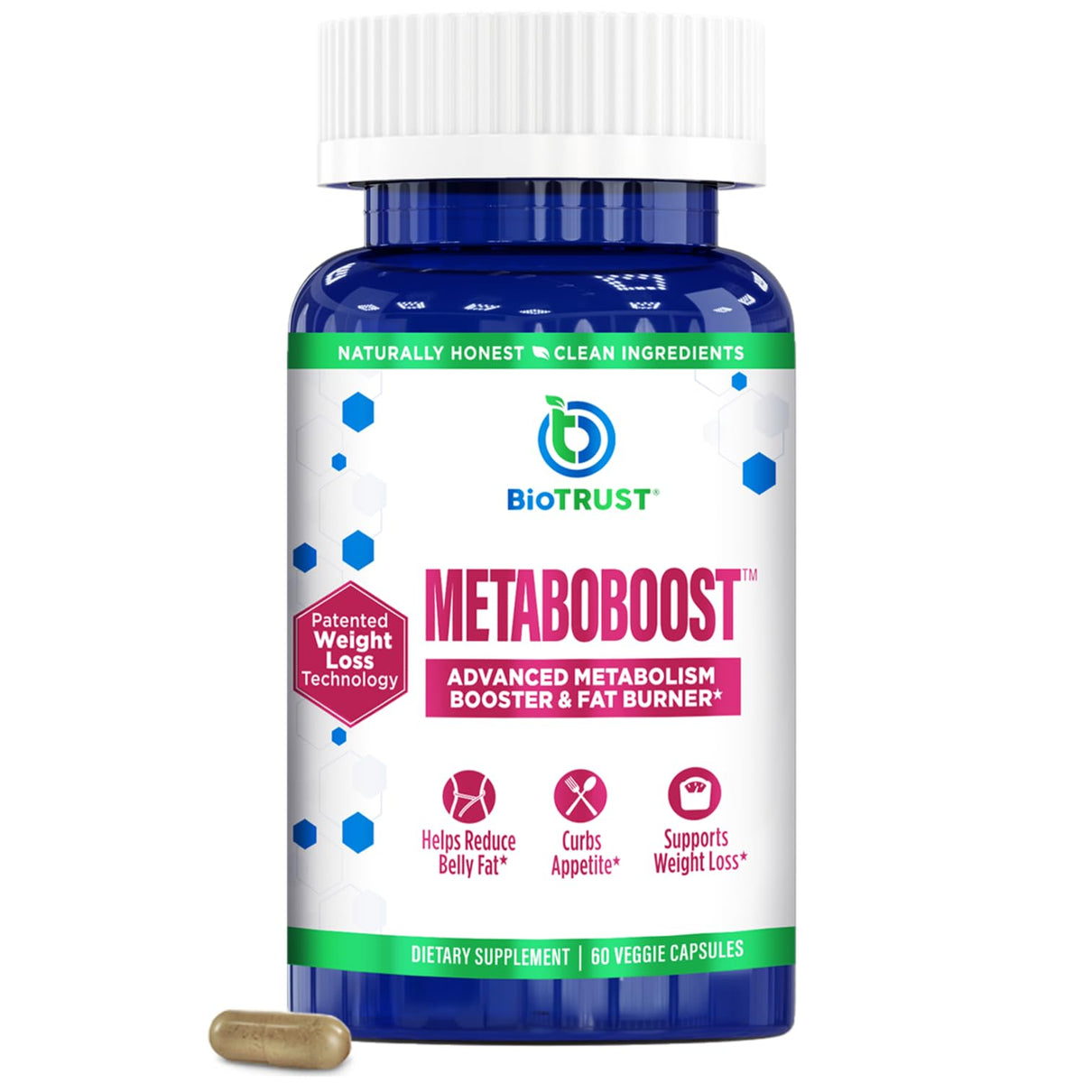 BioTrust MetaboBoost bottle front view shows sleek packaging for weight-management support.
