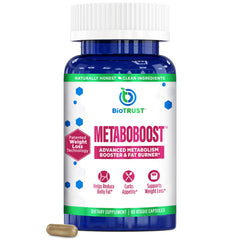 BioTrust MetaboBoost bottle front view shows sleek packaging for weight-management support.