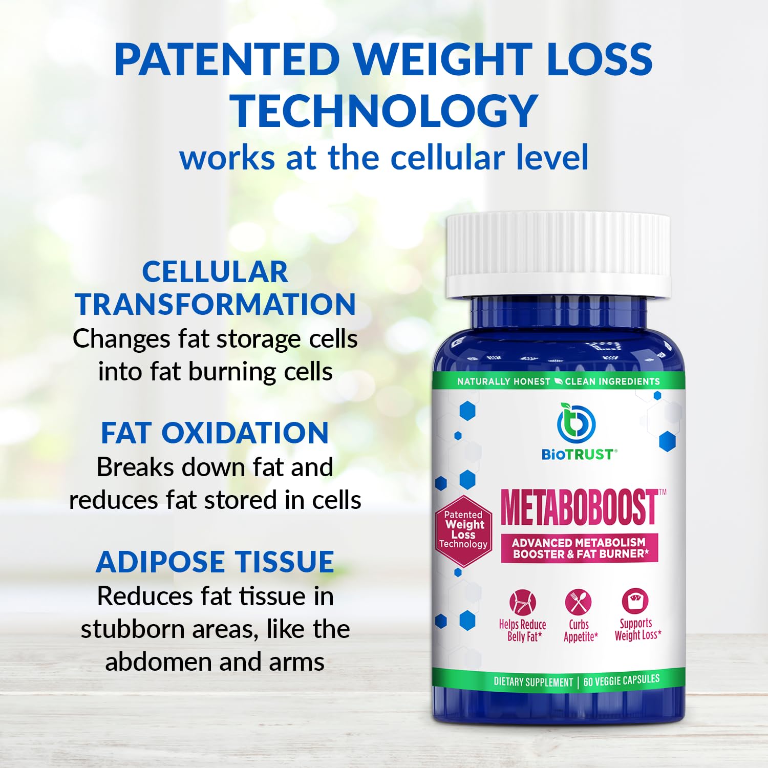 BioTrust MetaboBoost capsules in hand illustrate convenient daily dosage.