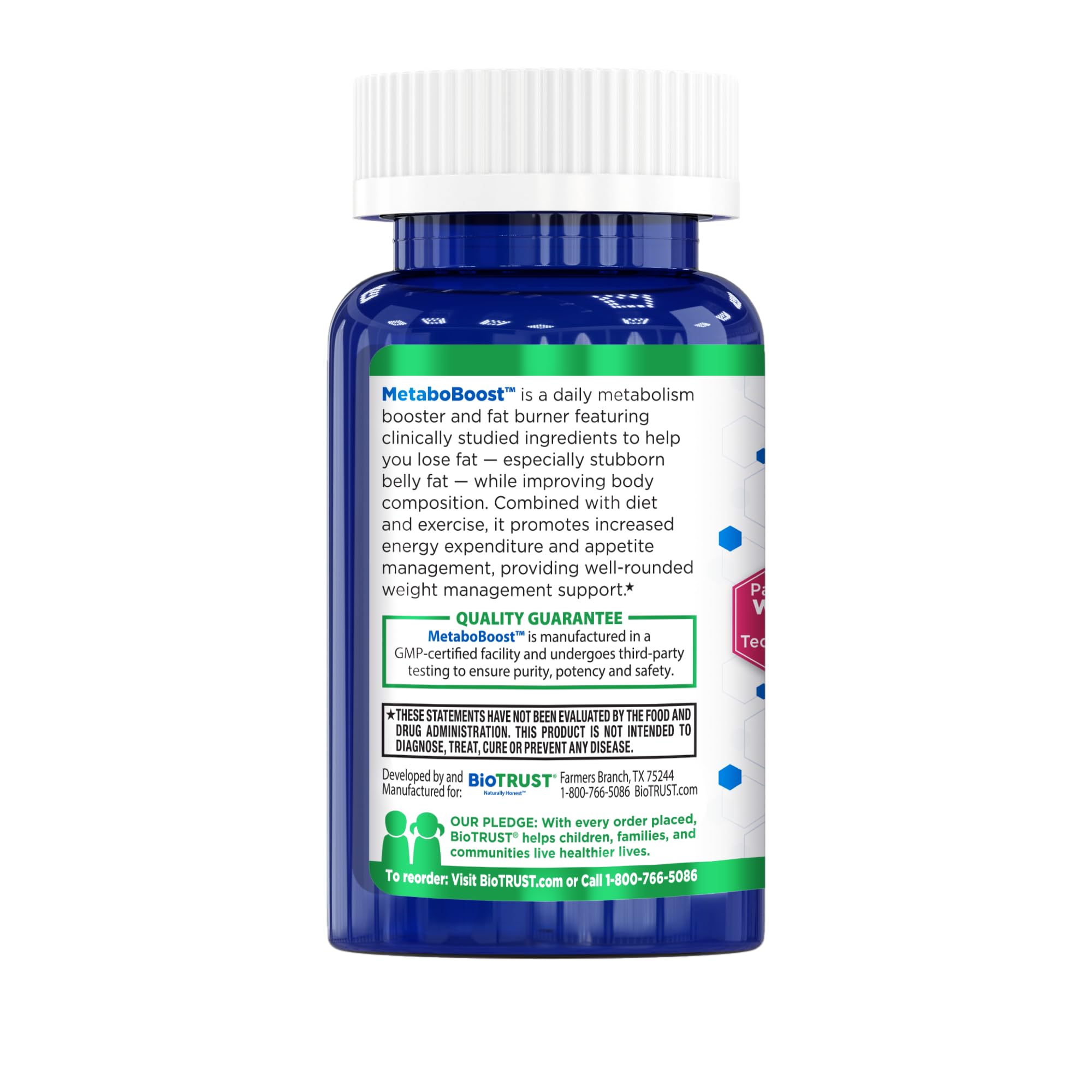 BioTrust MetaboBoost non-GMO and allergen-free icons highlight a clean label.