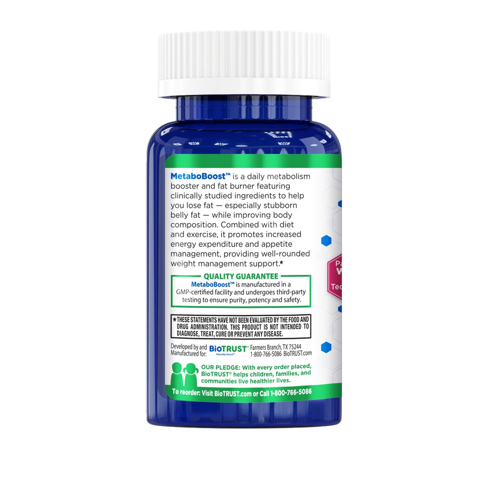 BioTrust MetaboBoost non-GMO and allergen-free icons highlight a clean label.
