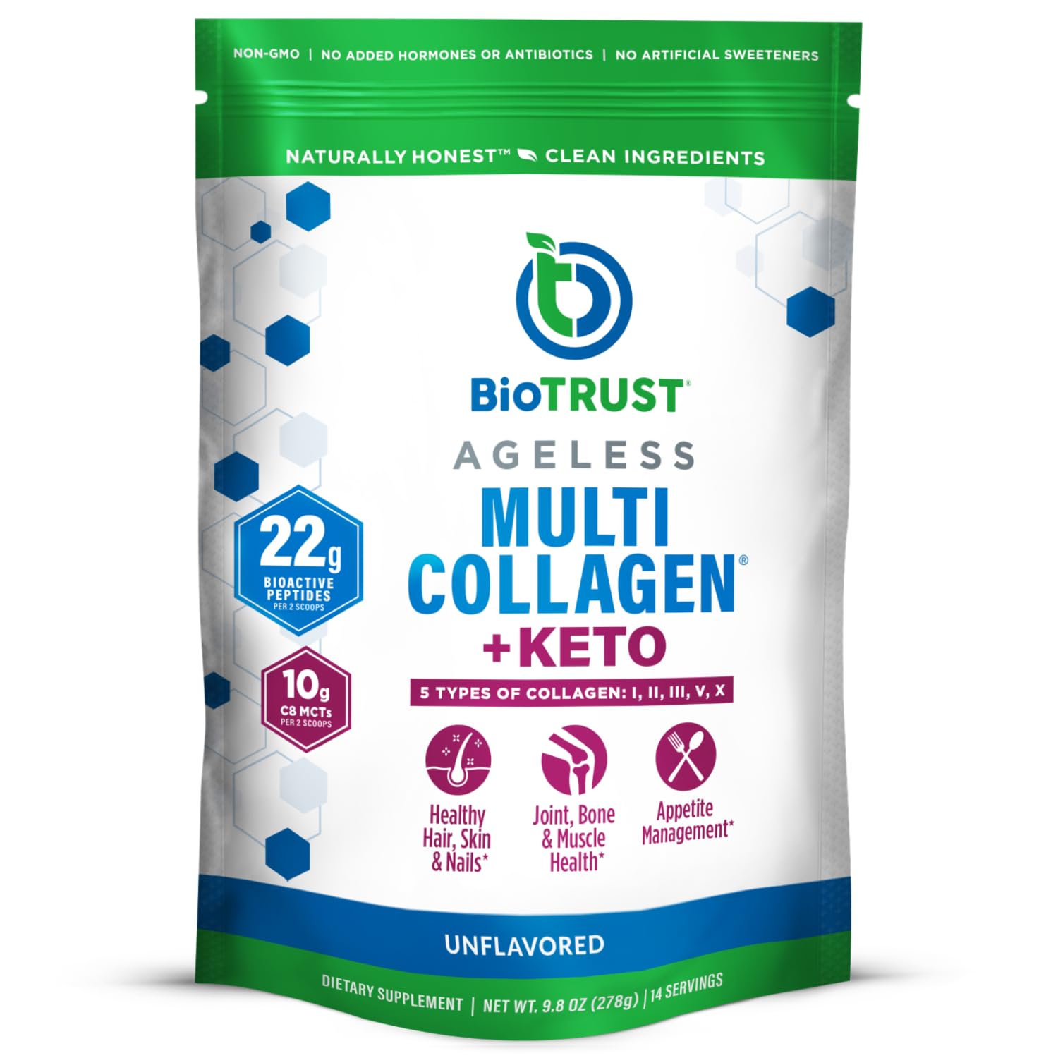 BioTrust Multi Collagen + Keto MCT Powder container showing versatile unflavored formula