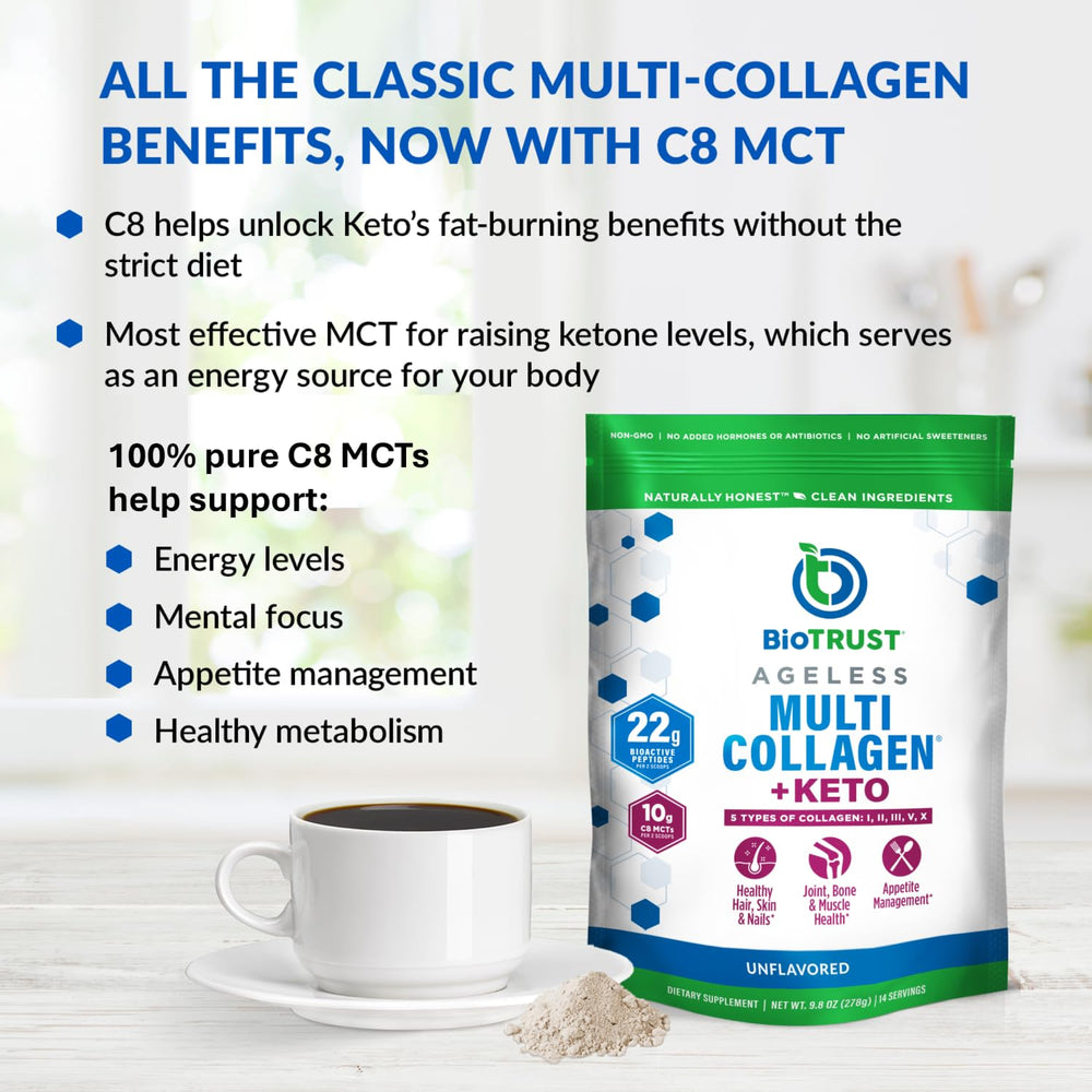 Keto-friendly BioTrust formula paired with MCT oil for beverages