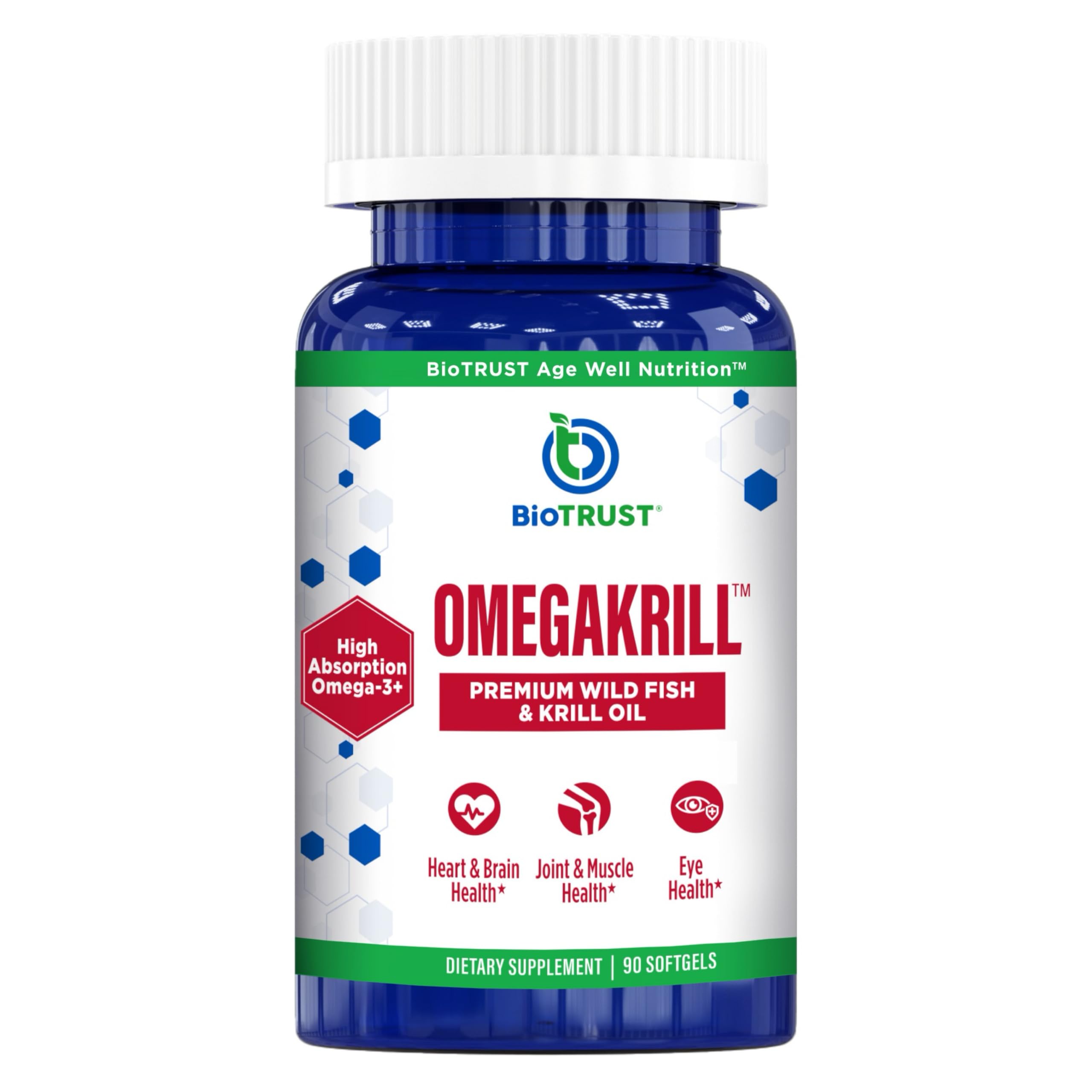 BioTrust OmegaKrill bottle-front highlights clean oil for heart, brain, and joint support.