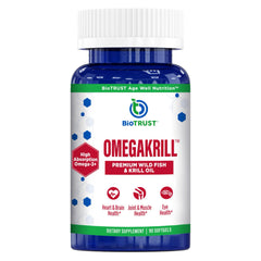 BioTrust OmegaKrill bottle-front highlights clean oil for heart, brain, and joint support.