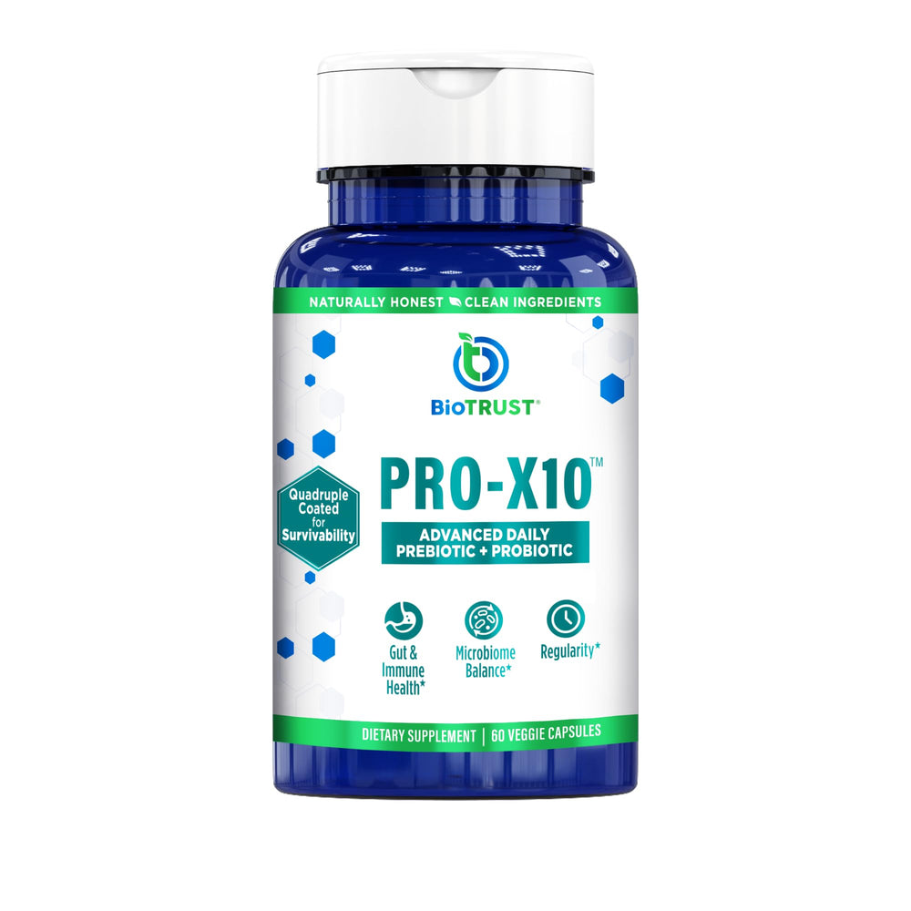 BioTrust Pro-X10-2.0 bottle showing convenient daily probiotic support