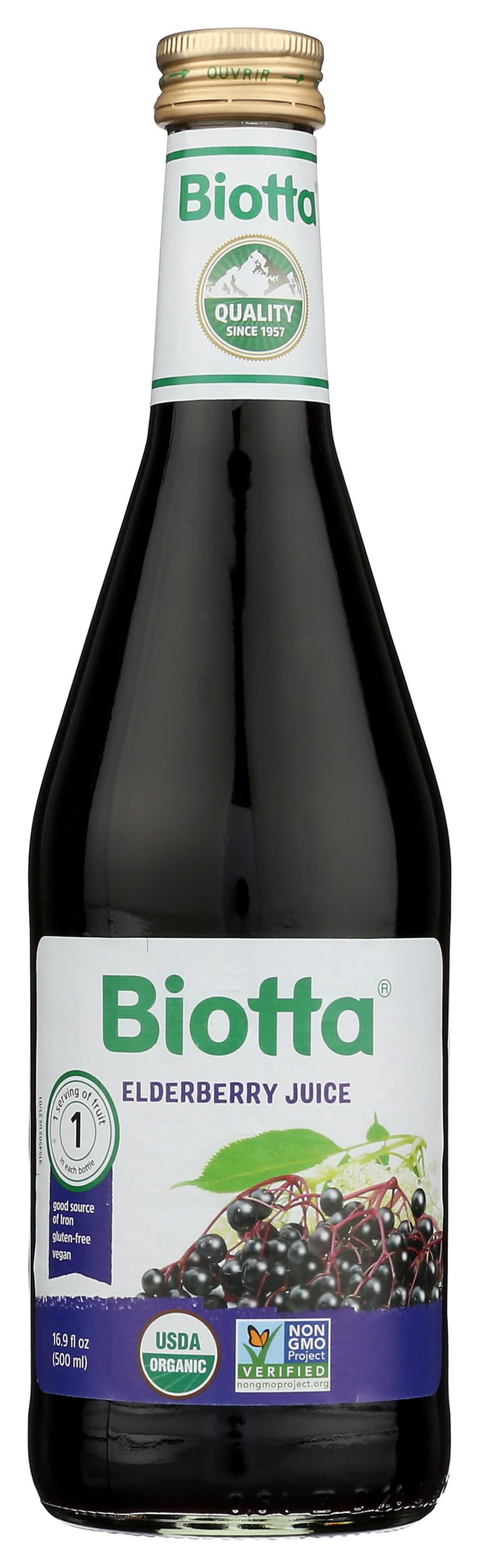 Biotta Elderberry Juice bottle front view showing pure non concentrate quality