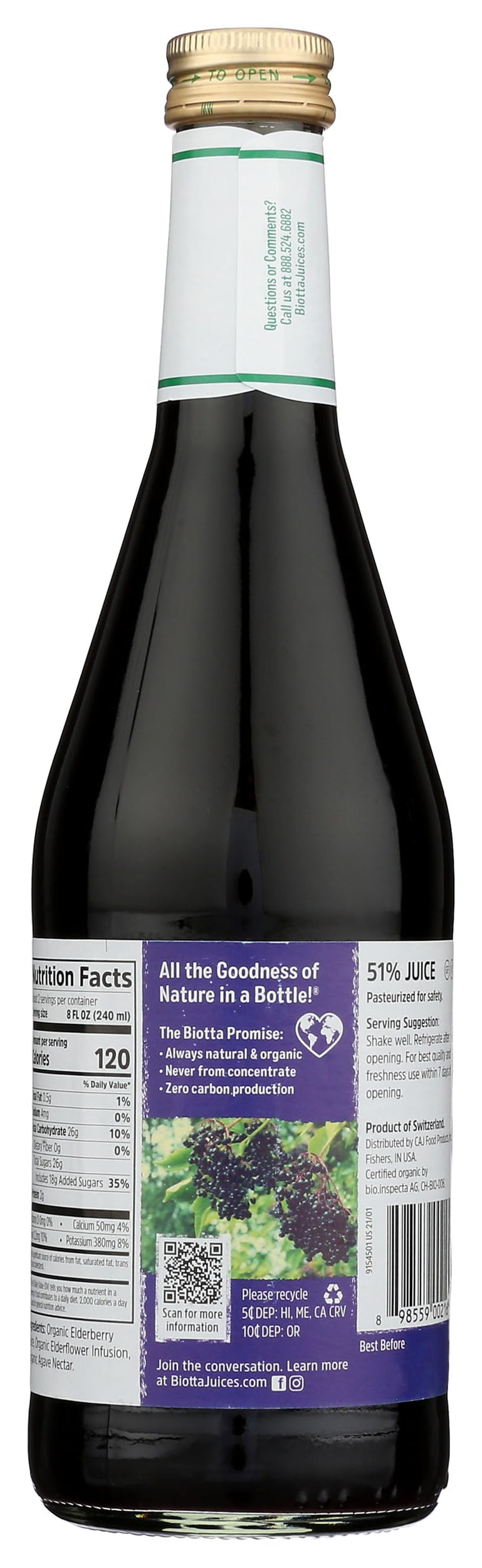 Biotta Elderberry Juice bottle side view highlighting vegan gluten free profile
