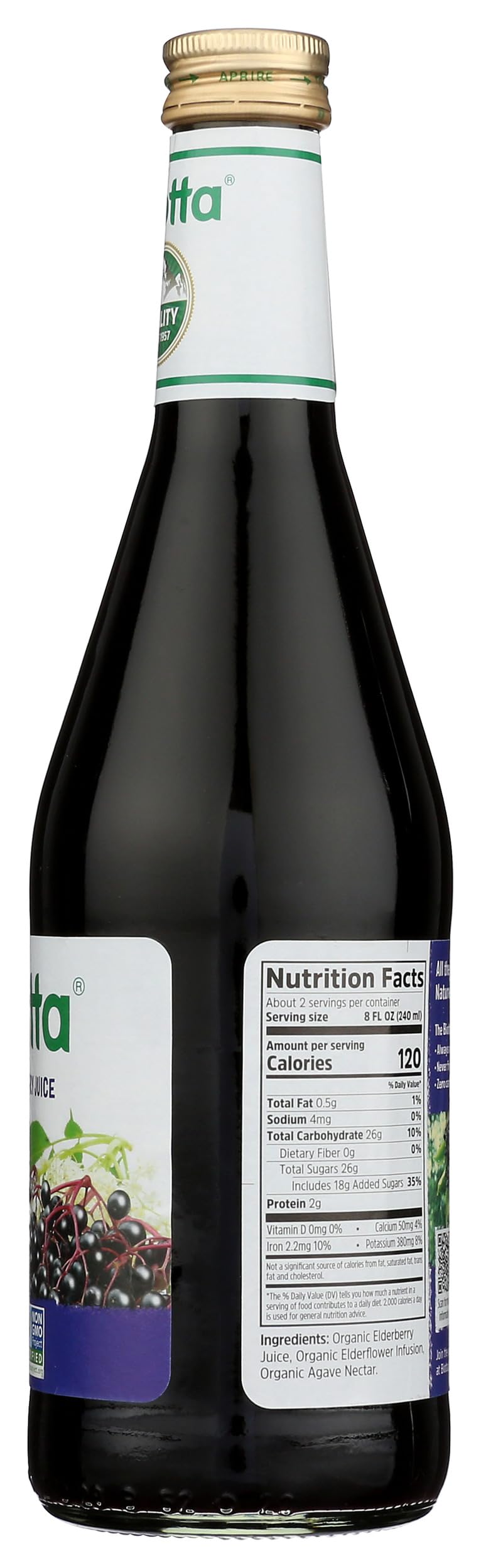 Biotta Elderberry Juice ingredients close up featuring organic agave
