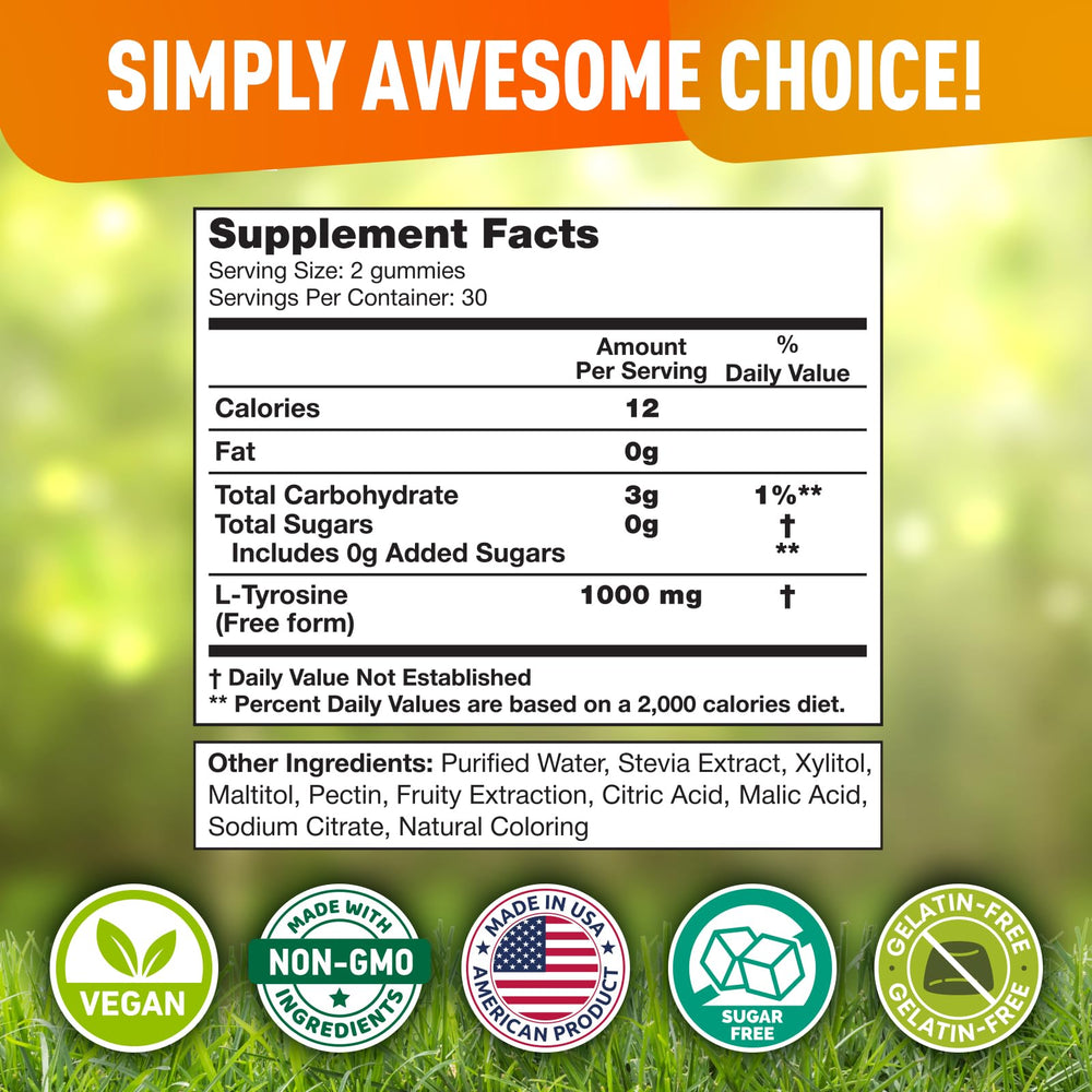 BioVit L Tyrosine Gummies packaging box highlighting vegan formula