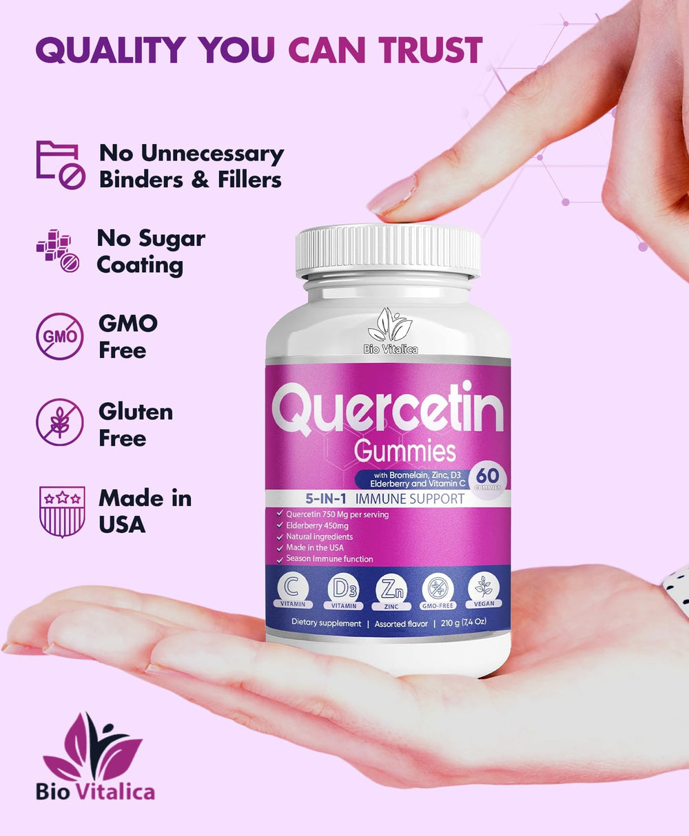 BIO VITALICA Quercetin Gummies jar close-up emphasizes 60 gummies per jar.