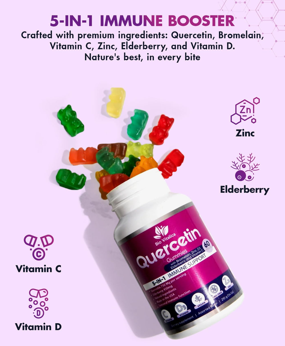 BIO VITALICA Quercetin Gummies label close-up highlights vegan, non-GMO benefits.
