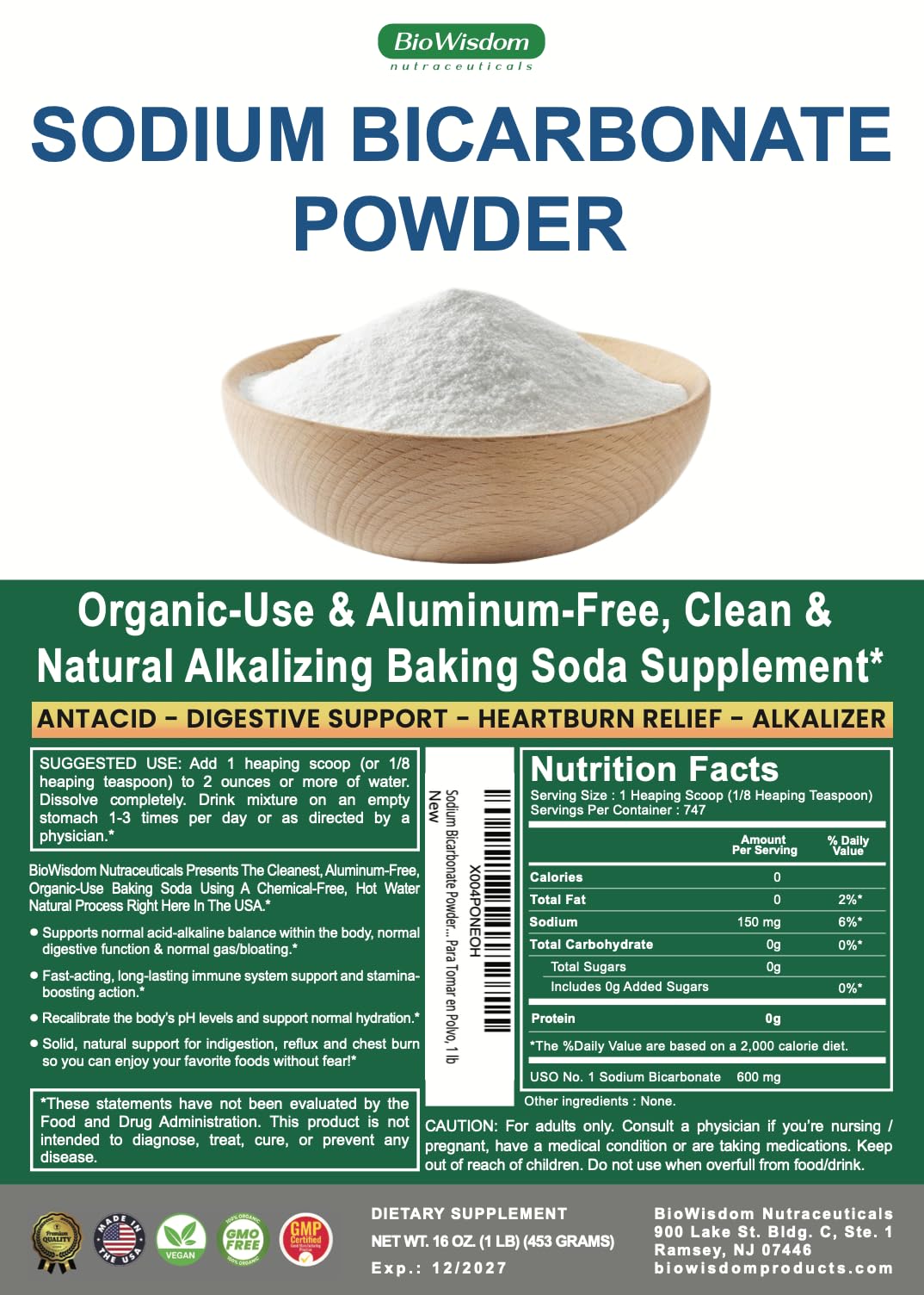 BioWisdom Sodium Bicarbonate Label emphasizes organic quality and aluminum-free claim.