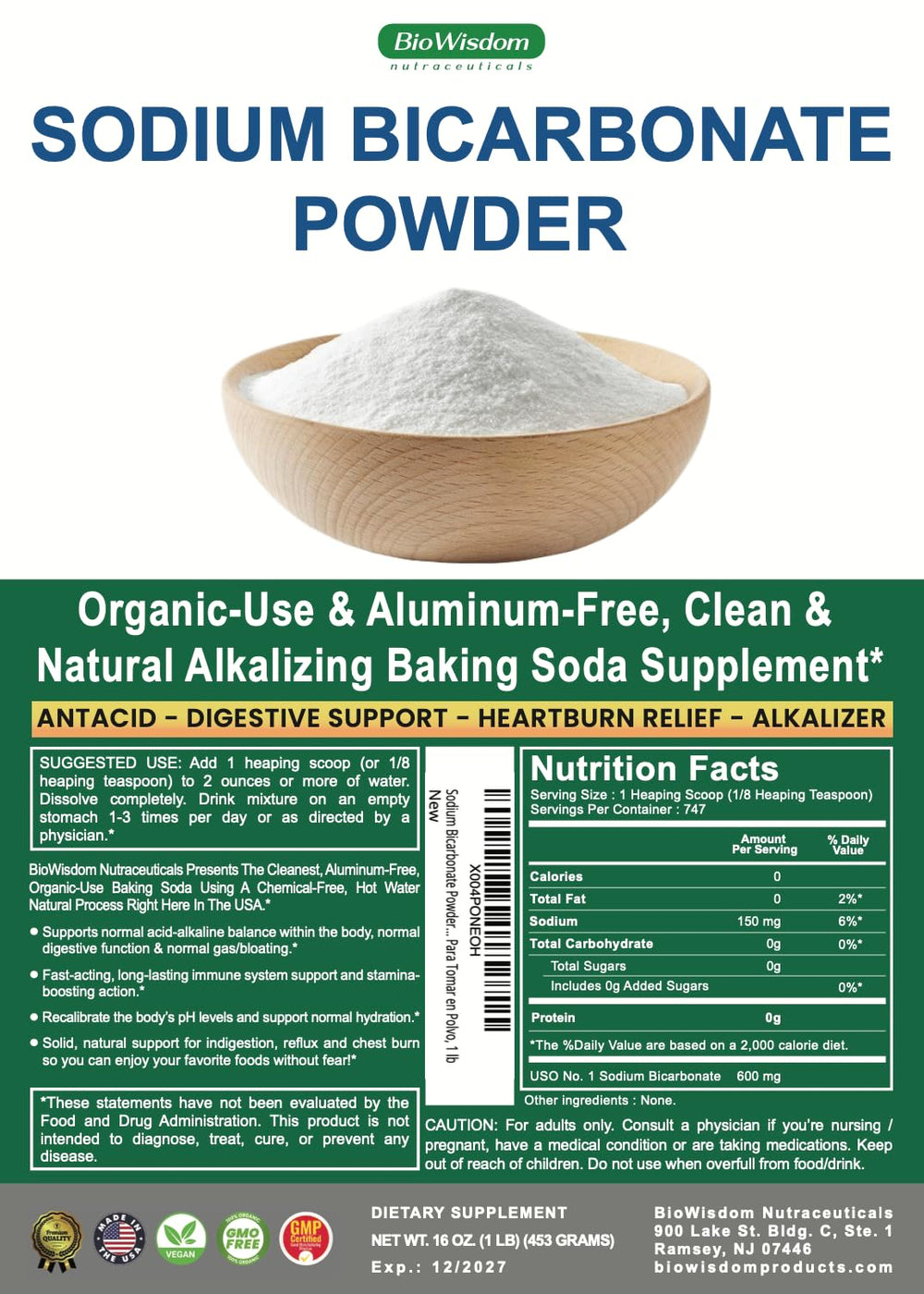 BioWisdom Sodium Bicarbonate Label emphasizes organic quality and aluminum-free claim.