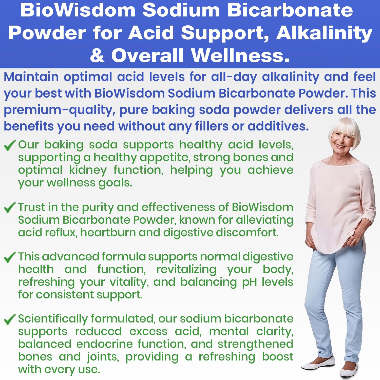 BioWisdom Sodium Bicarbonate Packaging 1lb highlights resealable bag for freshness.