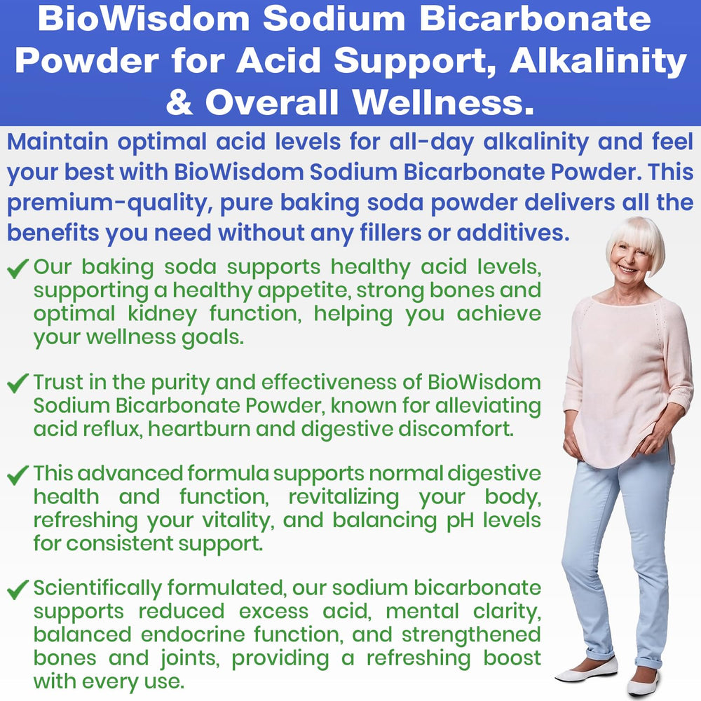 BioWisdom Sodium Bicarbonate Packaging 1lb highlights resealable bag for freshness.