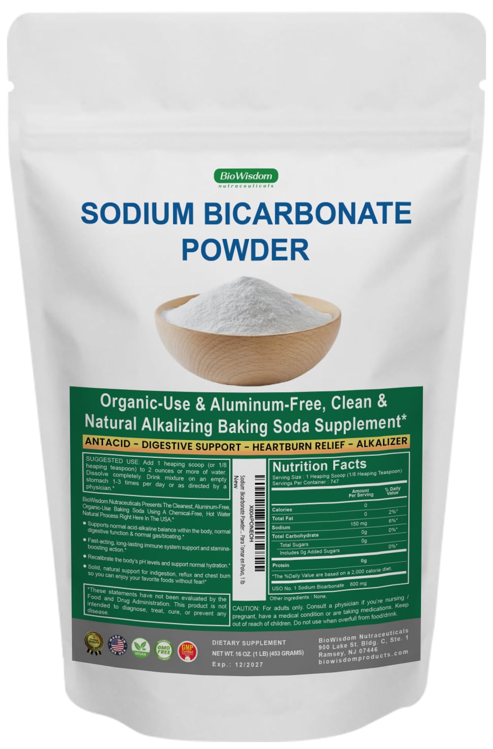 BioWisdom Sodium Bicarbonate Bottle shows aluminum-free baking soda for cooking.