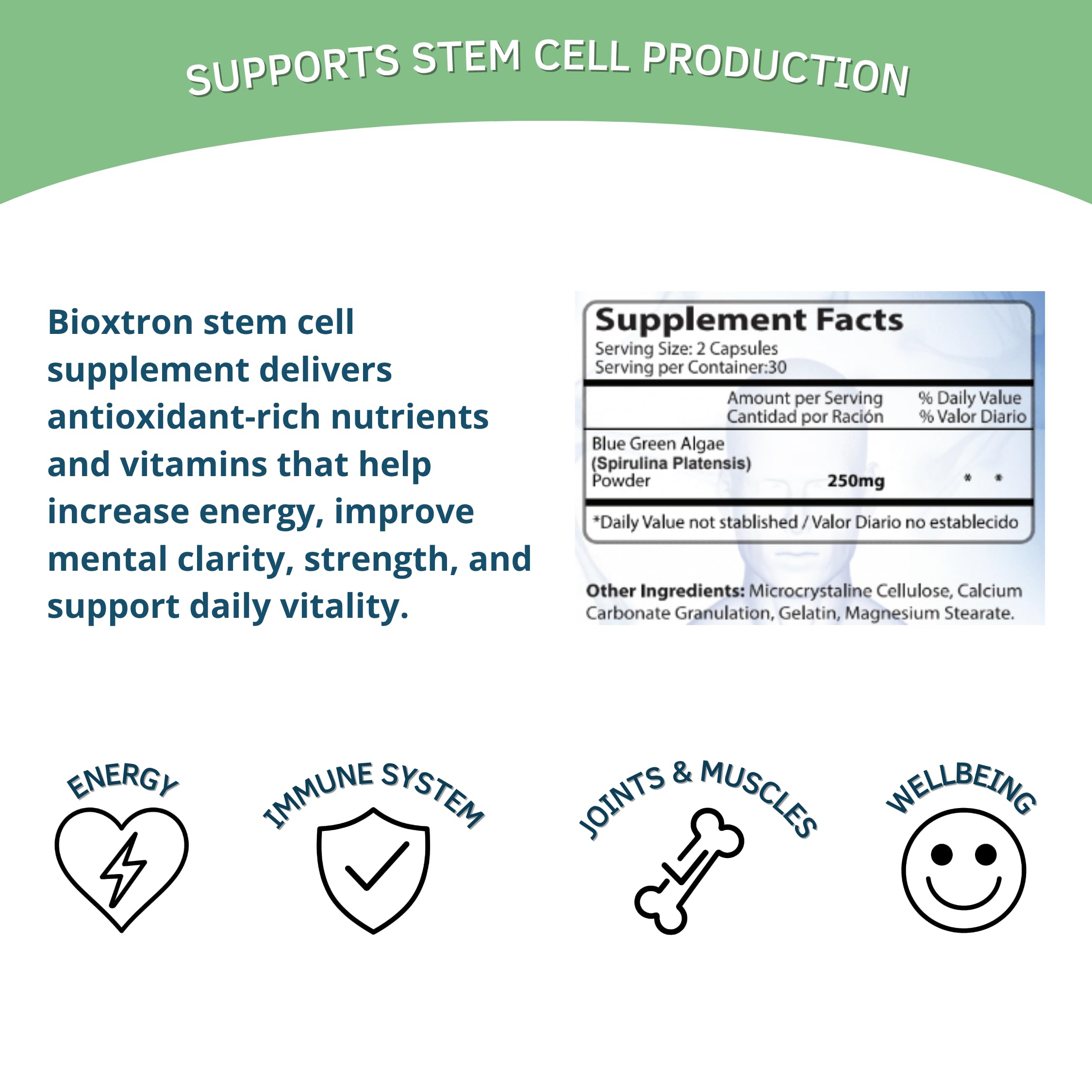 Bioxtron blue-green algae spirulina image emphasizes plant minerals for immune balance.