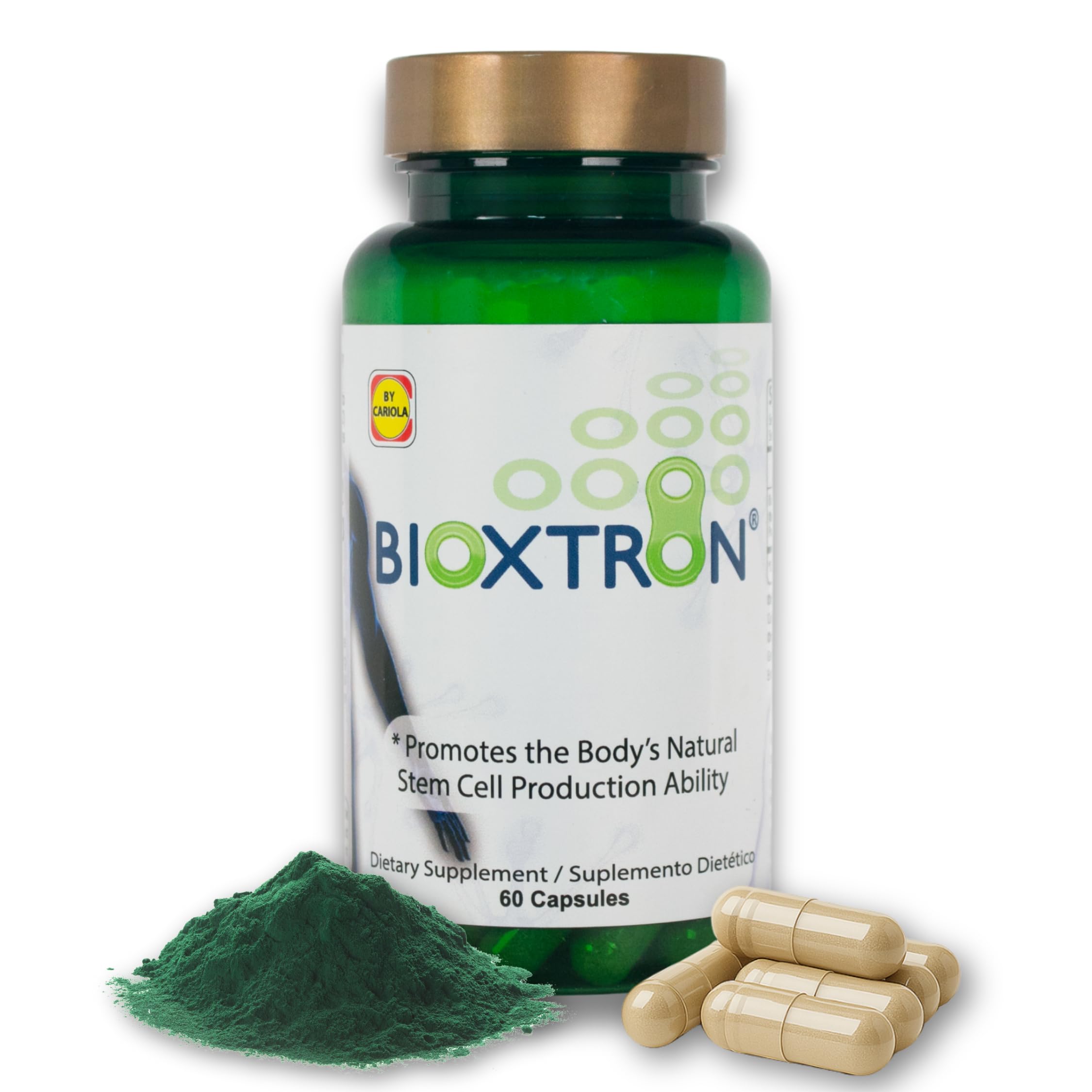 Bioxtron stem cell supplement bottle front promotes daily vitality with blue green algae.