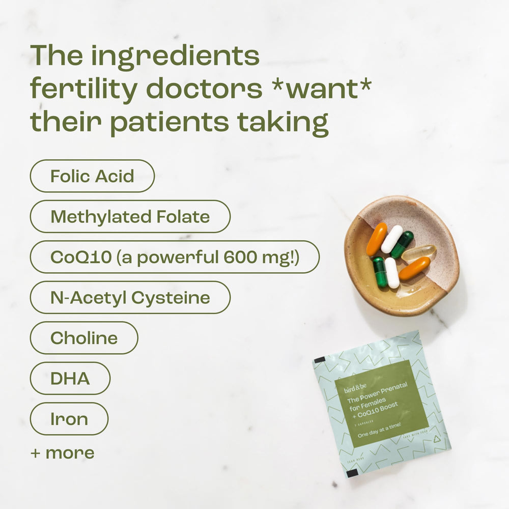 bird&be Power Prenatal capsule close-up highlighting NAC and vitamin A for egg health.