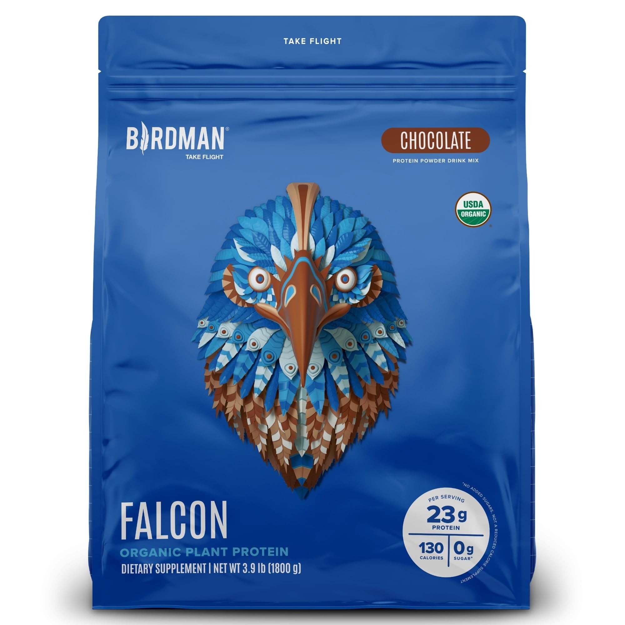Birdman Falcon chocolate packaging highlighting organic ingredients and sugar-free formula.