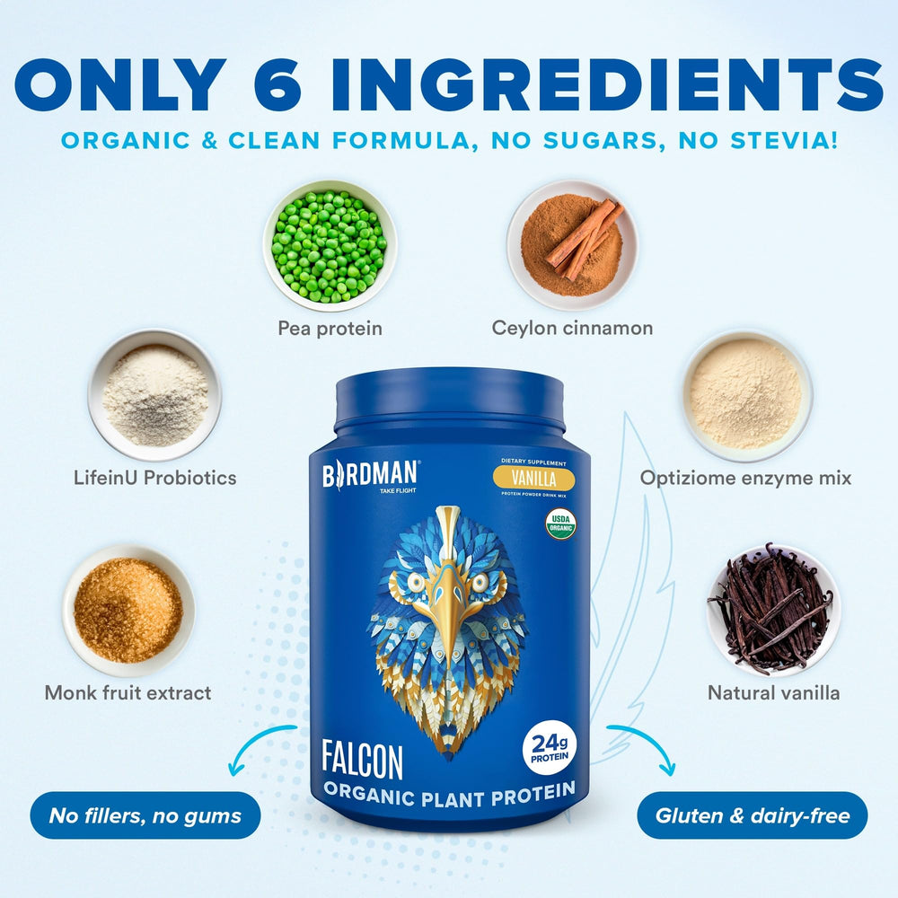 Birdman Falcon LifeinU probiotics jar illustrates gut-friendly plant nutrition.
