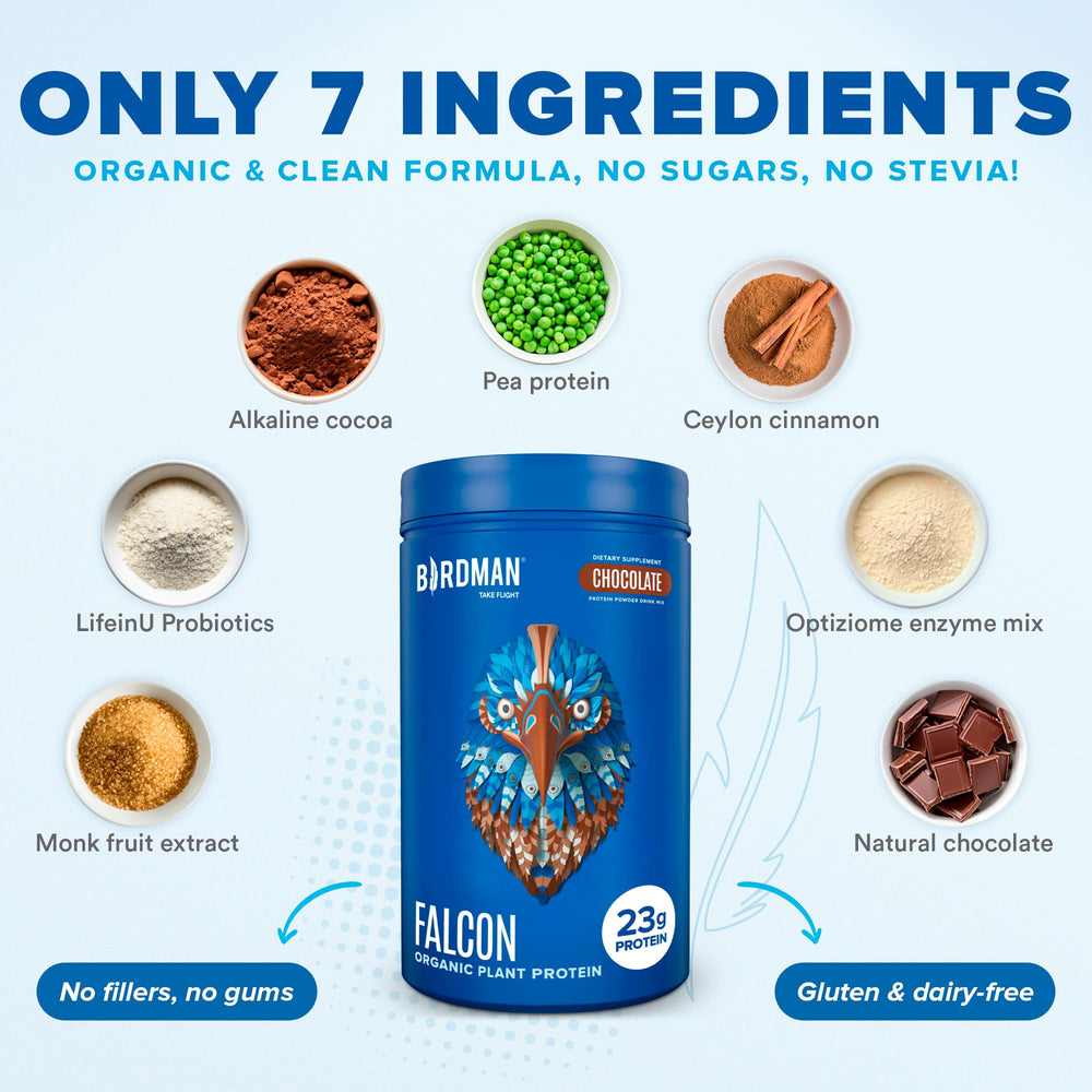 BirdMan Falcon organic ingredients label emphasizing simple, clean formula