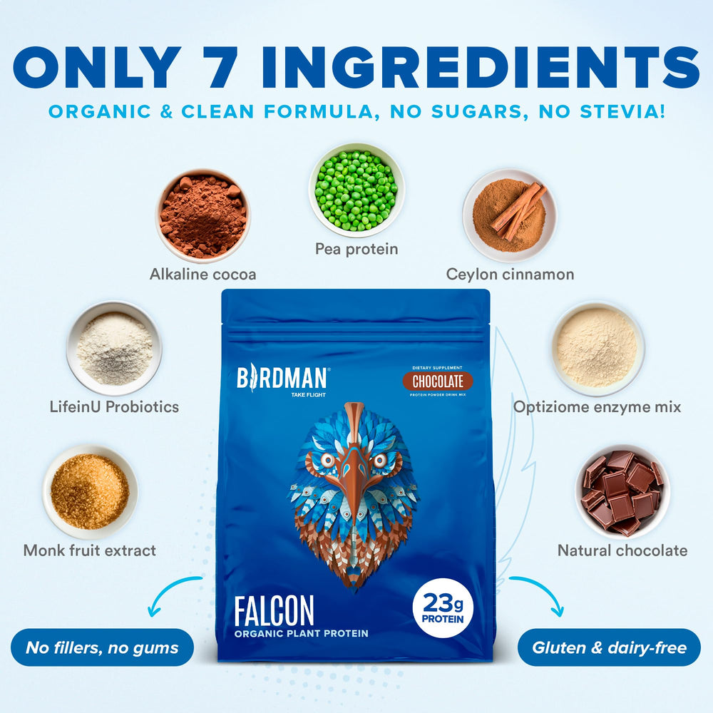 Birdman Falcon organic pea protein focus on plant-based nutrition.