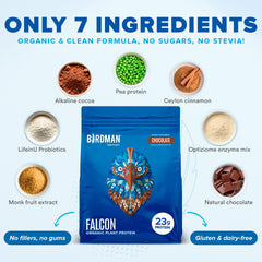 Birdman Falcon organic pea protein focus on plant-based nutrition.