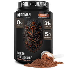 Birdman Falcon Performance chocolate tub showcases plant-based protein for muscle recovery.
