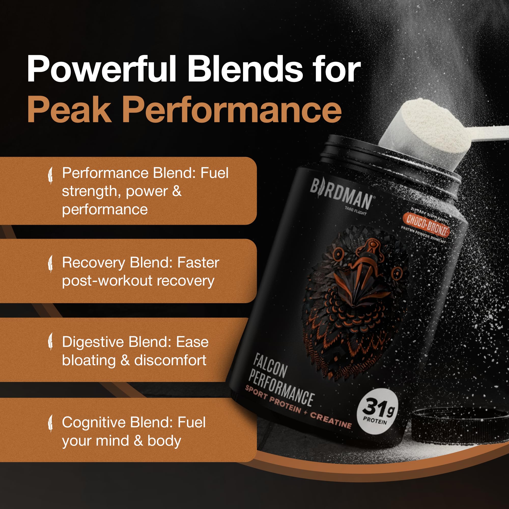 Birdman Falcon Performance dairy-free sugar-free label underscores clean protein choice.