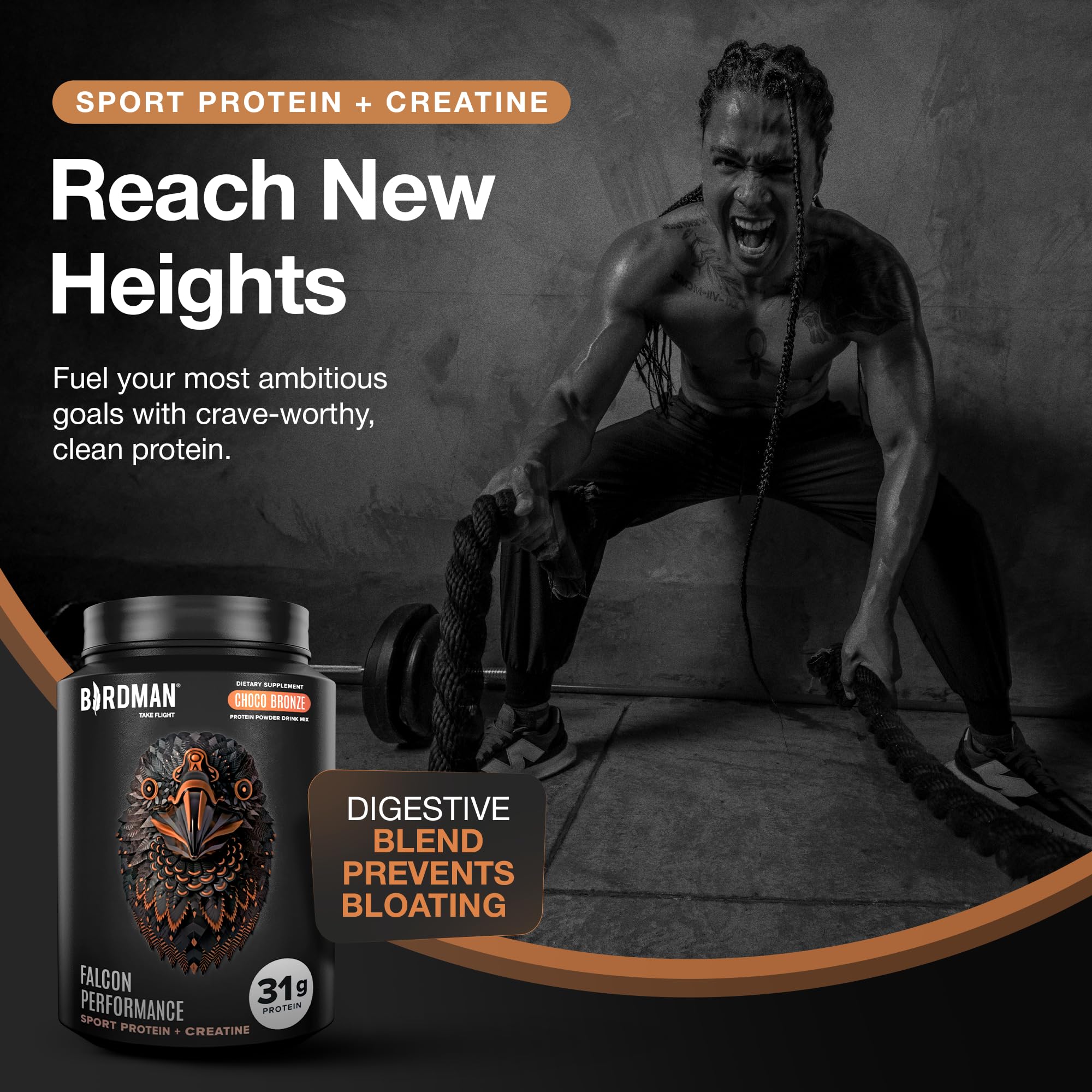 Birdman Falcon Performance protein scoop in shaker highlights quick mixing and convenient fueling.