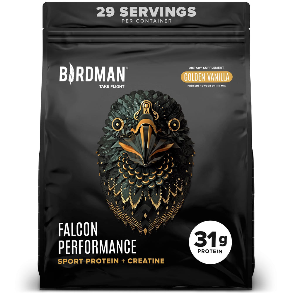 Birdman Falcon Performance vanilla protein bottle showing plant-based formula for daily muscle support.